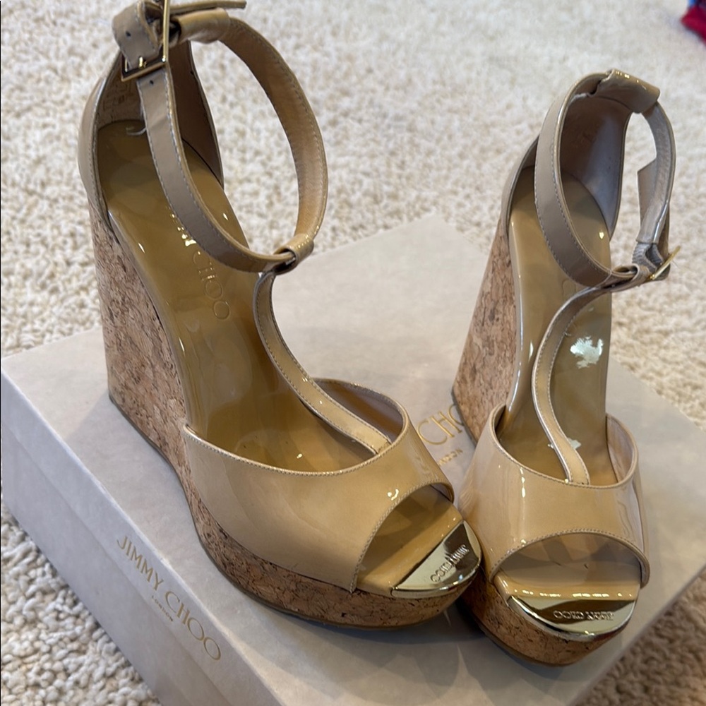 Jimmy Choo Tan Wedge Shoes with Ankle Strap